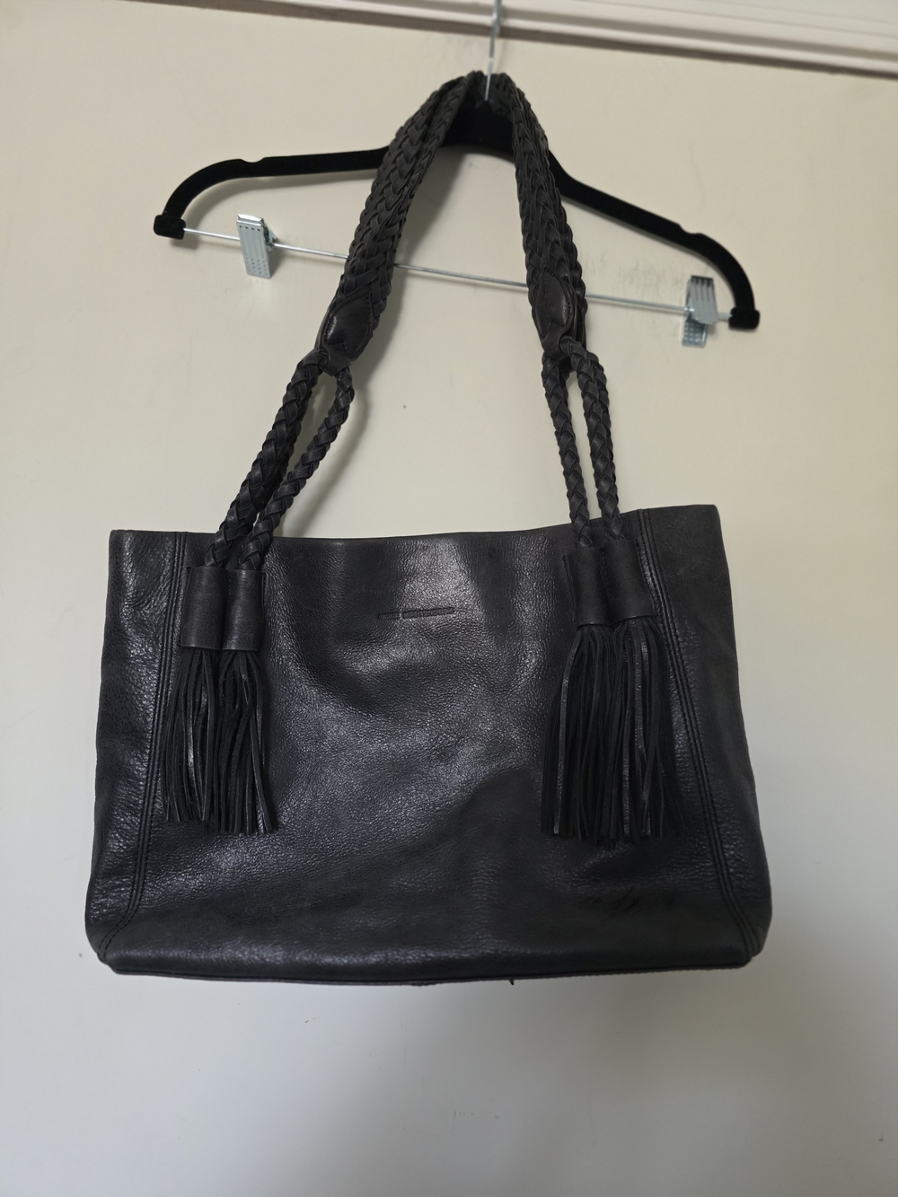Aimee Kestenberg Charcoal  Leather Shoulder Tote with Braided Tassel Straps